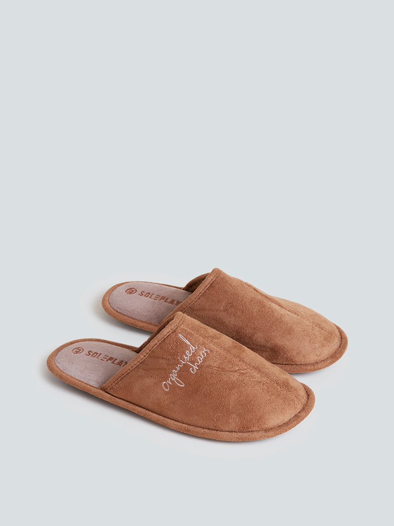 SOLEPLAY Beige Text Design Bedroom Slippers